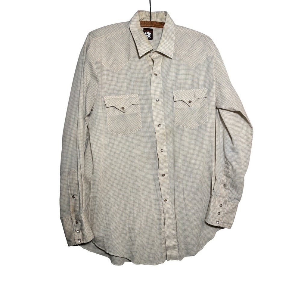 Vintage Karman Western Pearl Snap Shirt Mens Tan Grid Check Cowboy Yoke Rodeo